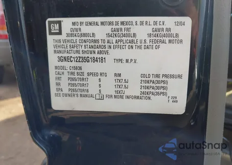 2005 Chevrolet Avalanche 1500 Z66 из США, поврежденный, VIN 3GNEC12Z35G184181